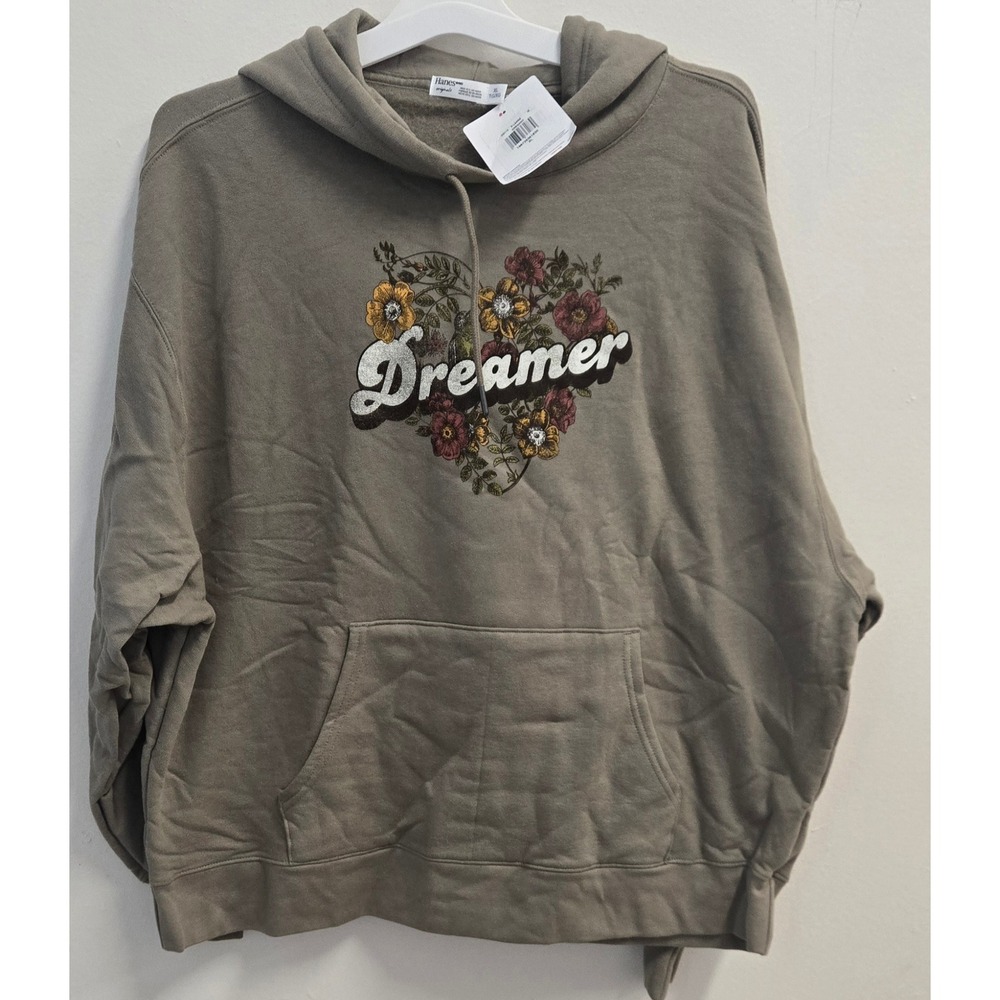 Hanes Originals Women XL Dreamer Floral Graphic Hoodie Oregano Green OG112 NWT